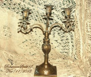 Antique Victorian Solid Brass Floral Motif Three Candelabra Heirloom Collectible photo
