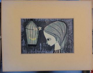 Vintage Ikeda Woodblock Wall Hanging Art Mid Century Modern Art Retro Japan photo