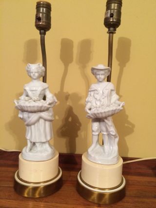 Paul Hanson Antique Porcelain Bisque French Figurine Table Lamps Vintage photo