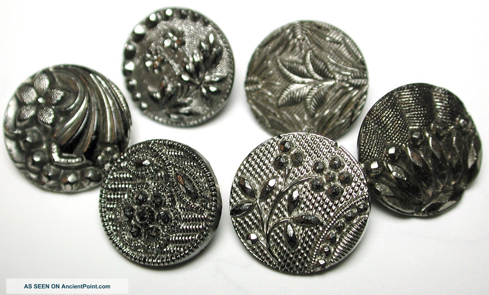 6 Antique Black Glass Buttons Various Designs W/ Silver Luster Buttons photo