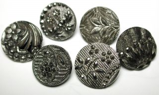 6 Antique Black Glass Buttons Various Designs W/ Silver Luster photo