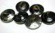 6 Antique Black Glass Buttons Various Designs W/ Silver Luster Buttons photo 1
