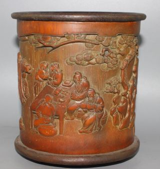 Ancient Chinese Old Bamboo Handwork Carvd Brush Pot Height 16.  5cm photo