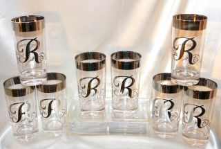 8 Dorothy Thorpe Midcentury Cocktail Highball Glasses Tumbler Monogram Initial R photo