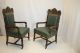 American Victorian Oak Large Carved Arm Chairs Covered In Leather C.  19th 1800-1899 photo 2