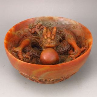 Vintage Hand Carved Chinese Natural Shoushan Stone Bowl W Dragon & Fire Ball photo