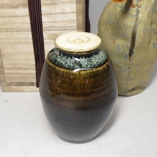 B855: Japanese Seto Pottery Ware Tea Caddy With Cloth Pouch Shifuku And Box photo