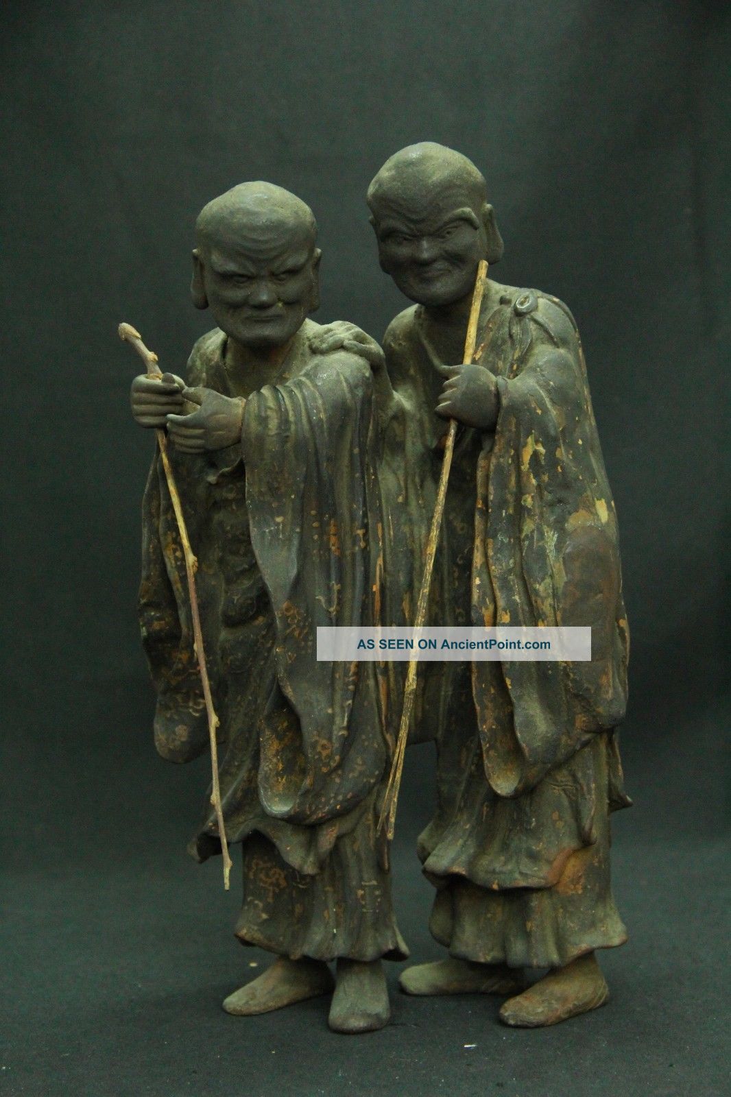 V.  Rare Japanese Middle Edo Era Old Bizen Pottery Ware Pair Arhat Statue Statues photo