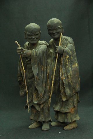 V.  Rare Japanese Middle Edo Era Old Bizen Pottery Ware Pair Arhat Statue photo