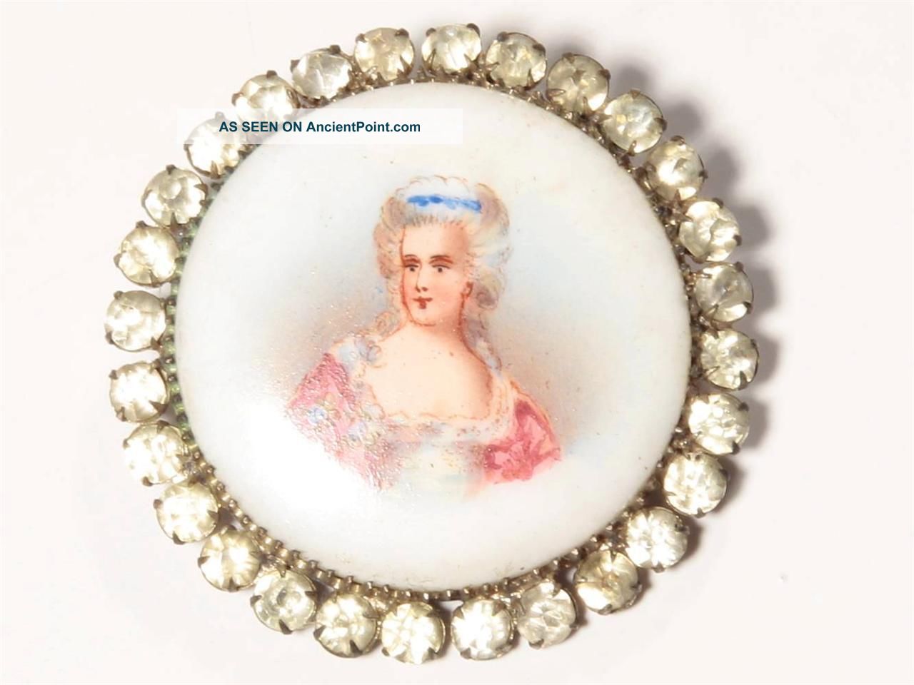 Rare Antique C19th Painted Porcelain Portrait Rhinestones Collectible Button Buttons photo