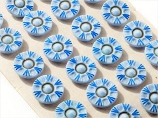 Card (24) 18mm Czech Vintage Deco Hand Painted Blue Glass Daisy Flower Buttons photo