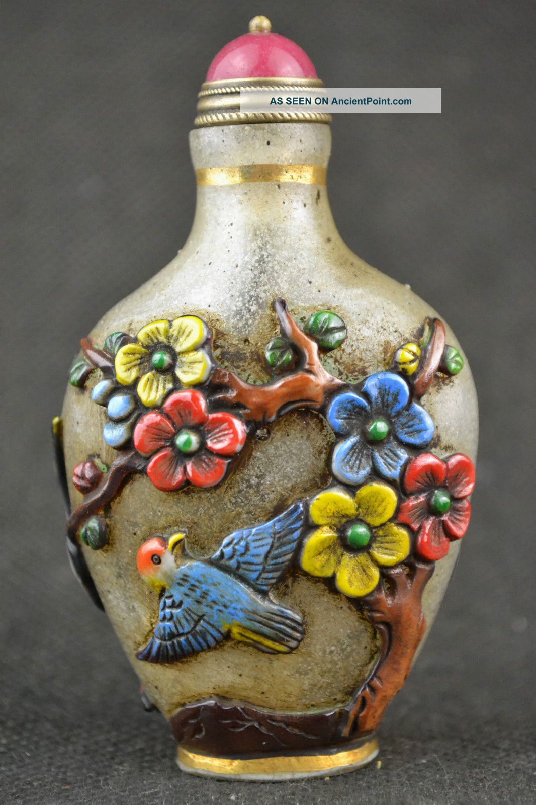 China Handwork Old Coloured Glaze Carving Bird Tree Relievo Noble Snuff Bottle Snuff Bottles photo