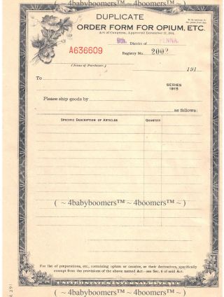 Antique 1915 Authentic Pennsylvania History Heroin Opium Etc Order Form Document photo