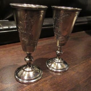 1893 Antique Set Of 2 Imperial Russian 84 Silver Niello Cup Goblet Cordial photo