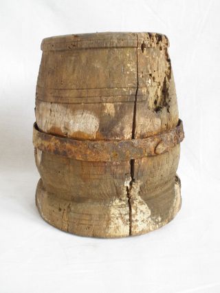 Antiques Primitives Antique Wooden Mortar Unique Combination Wrought Iron Rare photo