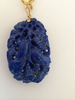 Vintage Chinese Carved Lapis Pendant Fruit Pear Pepper Leaves 14k Gold photo