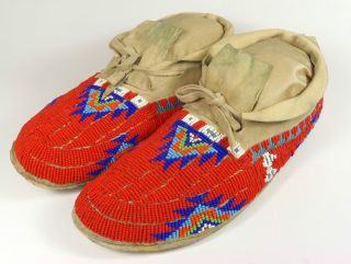 Rare Antique Plains Indian Native American Red Beaded Leather Moccasins Ornate photo