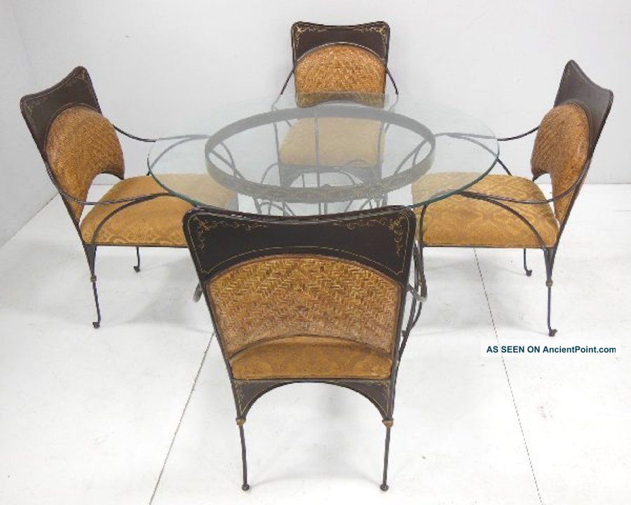 Glass Top Dinnette Dining Set Round Table 4 Chairs Iron Wicker Patio Garden Post-1950 photo