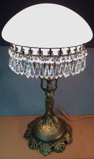 The Best Antique Art Deco Bronzed Lady Lamp W/ Mushroom Shade & Lustres,  C.  1920 photo