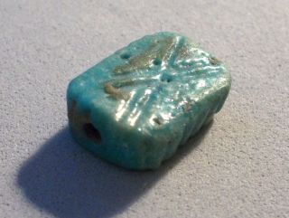 Ancient Faience Bead,  Amulet Stamp,  Sides Double X Inside Rectangle Great photo