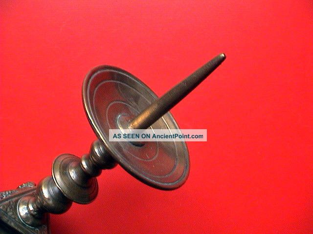 Rare Decorated Post Medieval Flemish Altar Pricket Candlestick.  Triangular Base. Metalware photo
