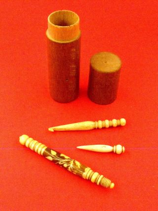 Antique Cow Bone Sewing Tools Set W/ Wood Box,  Hand Carved/ Etched Floral Motif photo
