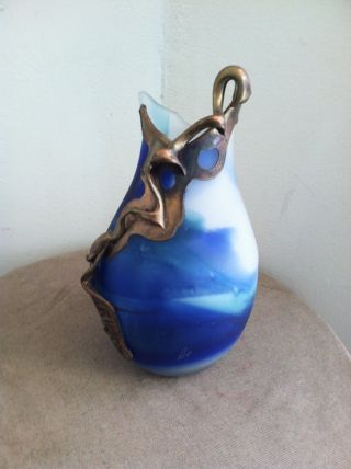 Modern Signed French Art Deco Blown Glass Vase Metal Coated/ Aqua Blue Europe photo