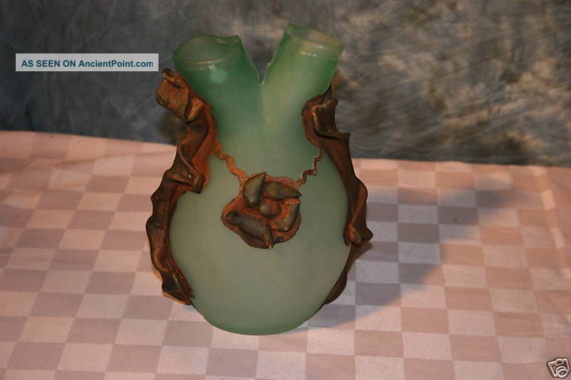 Modern Handmade Art Glass Vase Prominent Rustic Metal Coated Green Post1940 Vases photo