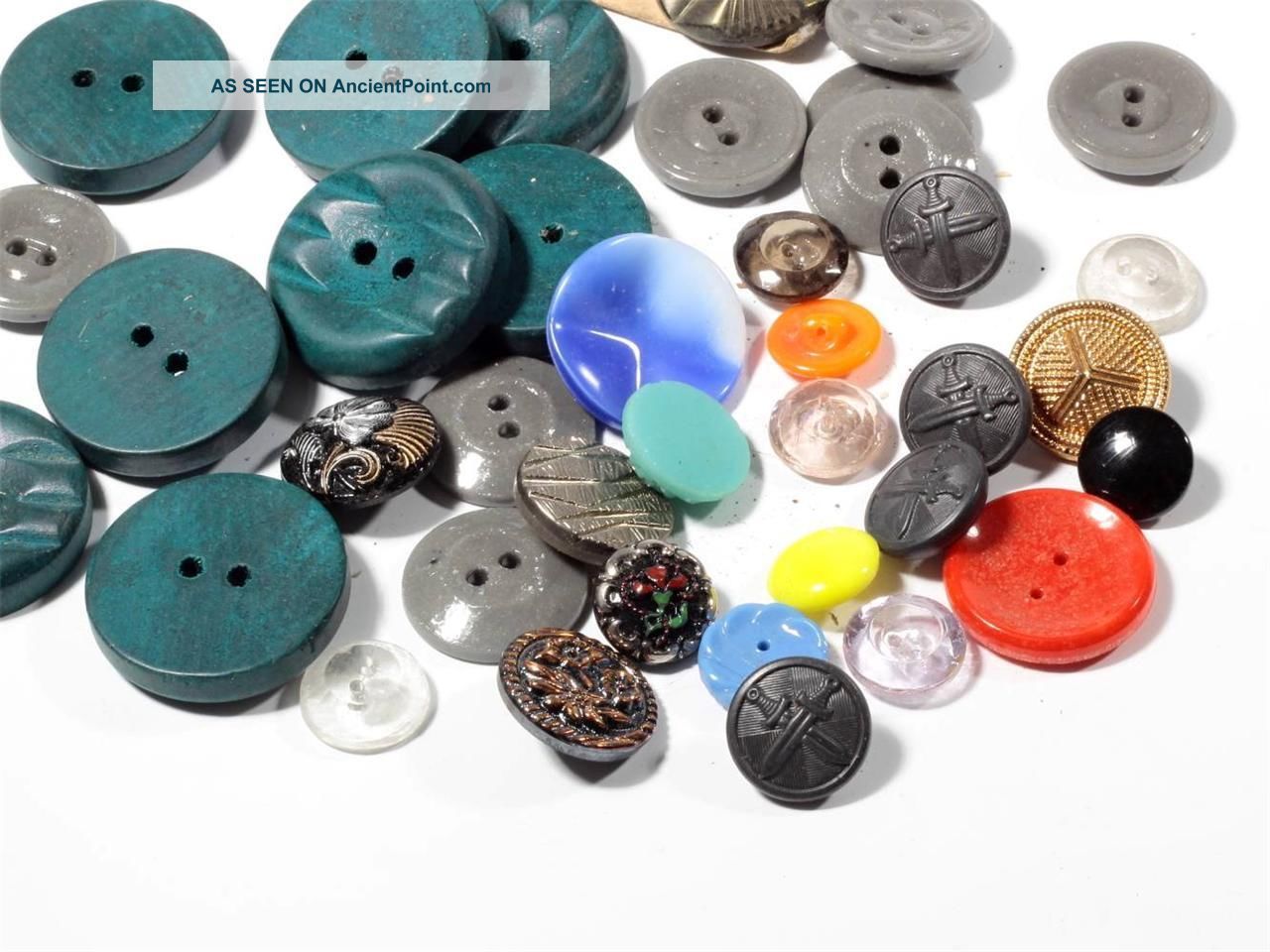 (42) Vtg Czech Deco Mixed Glass Wood Military Tin Gold Silver Gilt Buttons Buttons photo