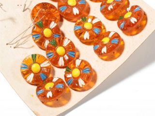 Card (18) 18mm Vintage Deco Czech Hand Paint Orange Daisy Flower Glass Buttons photo