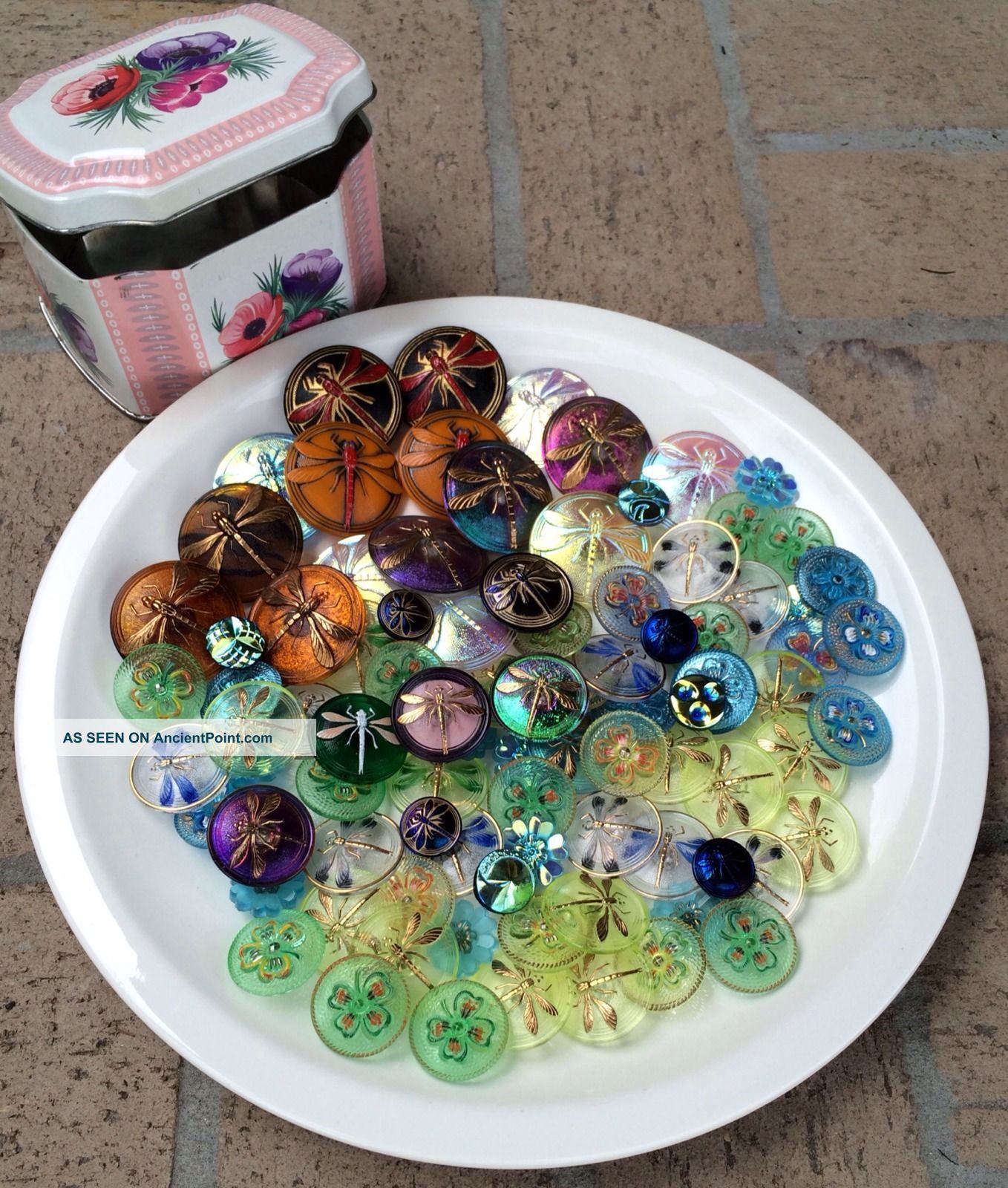 Huge Antique Victorian Czech Glass Buttons Dragonfly Vaseline Flower 41mm Buttons photo