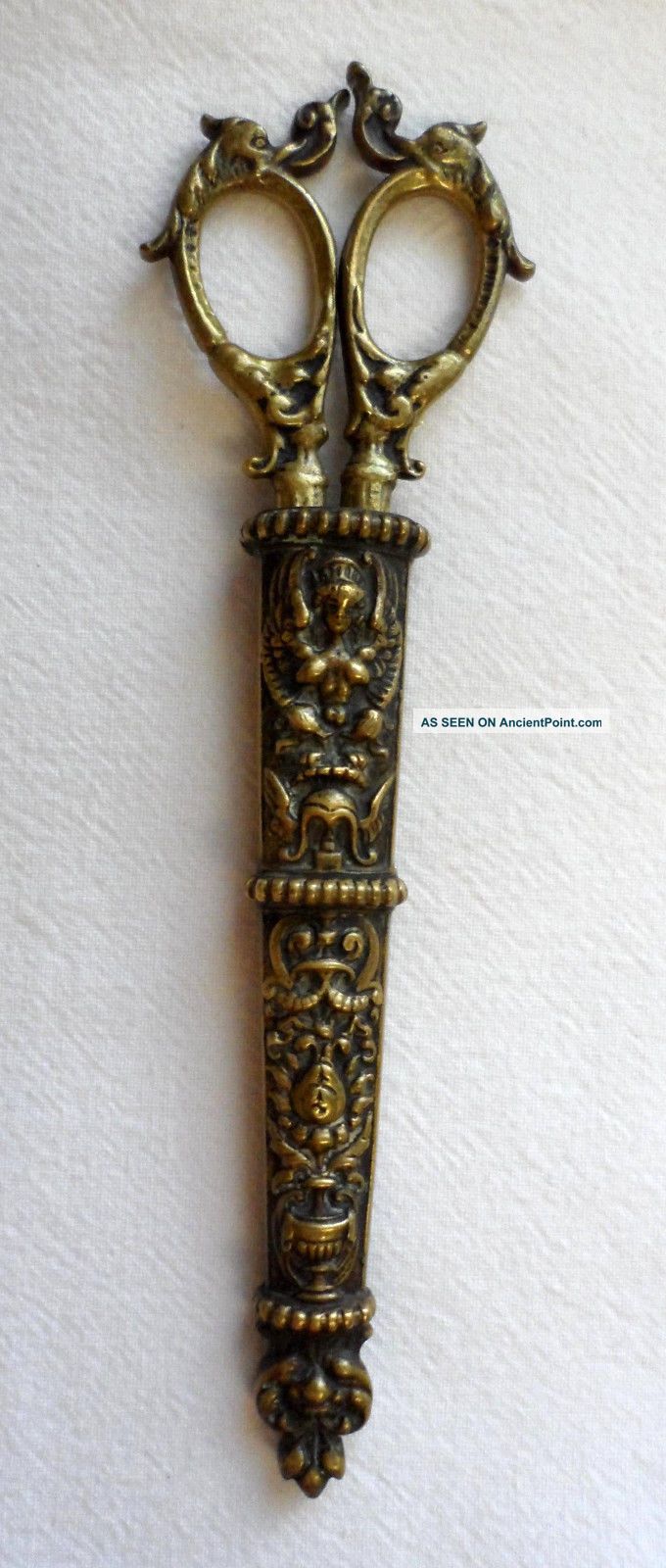 Antique European Victorian Ornate Brass Scissors W/sheath/art Nouveau/sewing Metalware photo