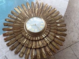 Vintage Mid Century Modern Syroco Sunburst Starburst Wall Clock photo