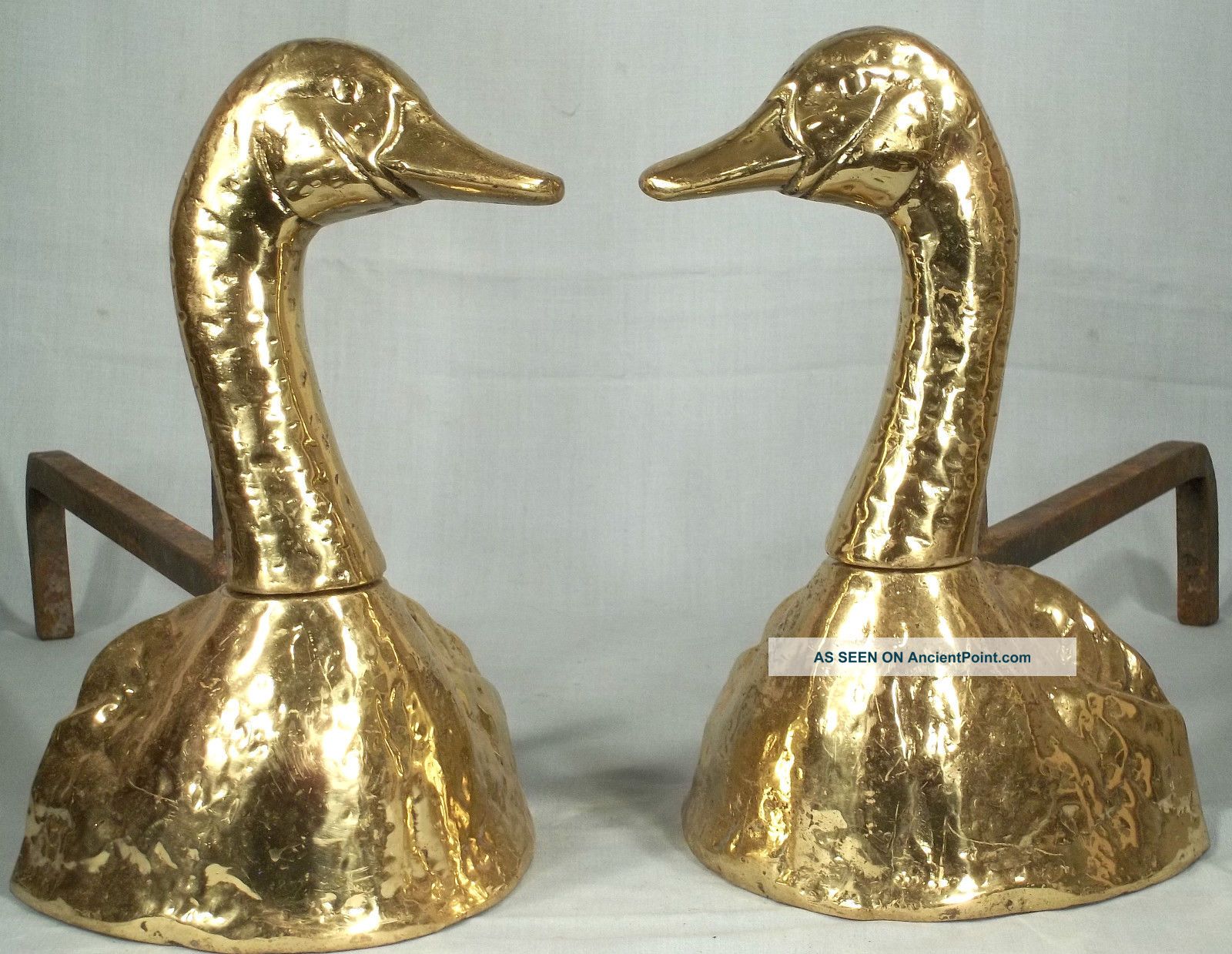 Sculptural Pair Mid Century Modern Figural Brass Duck Andirons/ Folk Art Hearth Ware photo