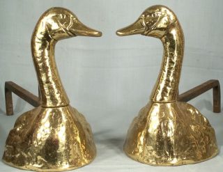 Sculptural Pair Mid Century Modern Figural Brass Duck Andirons/ Folk Art photo