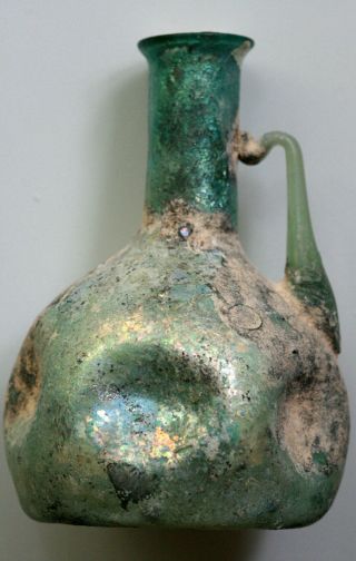 Ancient Roman Glass Six Sided Indented Narrow Necked Glass Jug,  First Half Of 1s photo
