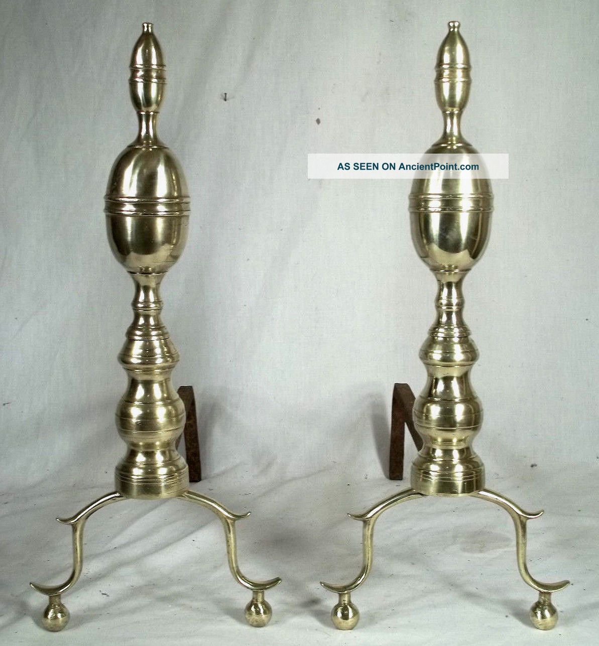 Pair Antique 19th Century Early American Double Lemon Top Brass Andirons Hearth Ware photo