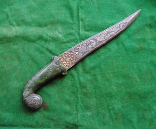 Antique Islamic Mughal Nephrite Jade Stone Shikarga Khanjar Indo Persian Dagger photo