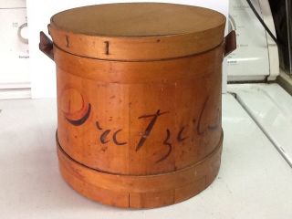 Small Antique Wood Sugar Bucket With Lid & Wood Handle. photo