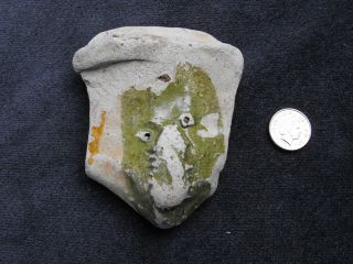 Medieval Green Glazed Pottery Fragment Of Crude Face photo