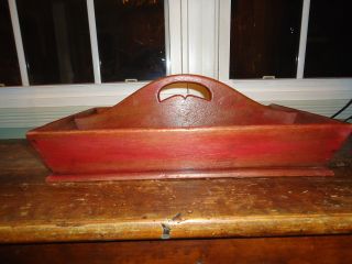 Antique Oak Dovetail Knife Tray - Hand Cut Nails Old Red Milk Paint Aafa photo