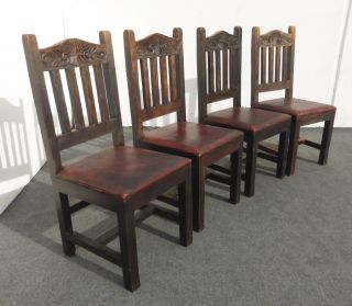 Gorgeous Set Four Vintage Rustic Spanish Revival Chairs Red Leather Carved photo