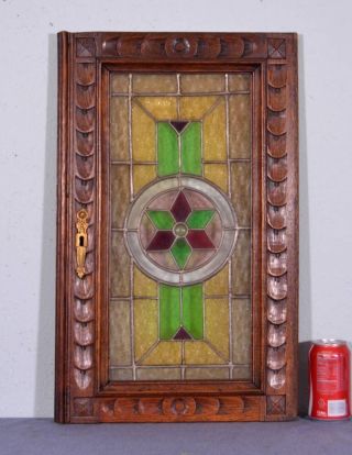 French Antique Stained Leaded Glass Oak Wood Door Panel 1 photo