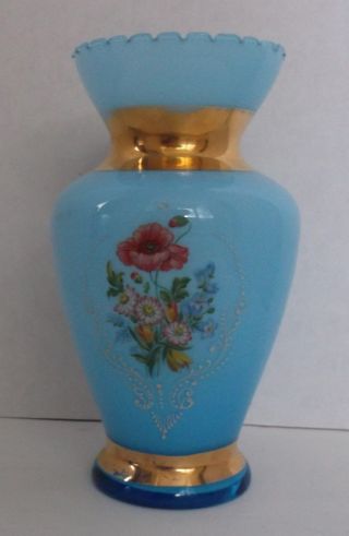 Hand Blown Blue Vase Hand Painted Cased Glass photo