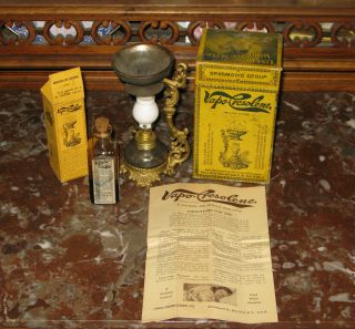 Antique 19th Century Home Remedy Vapo - Cresolene Set,  Miniature Oil Lamp photo