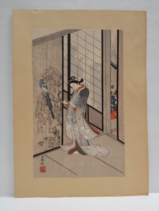 Antique Japanese Woodblock Print Woman With Bird photo