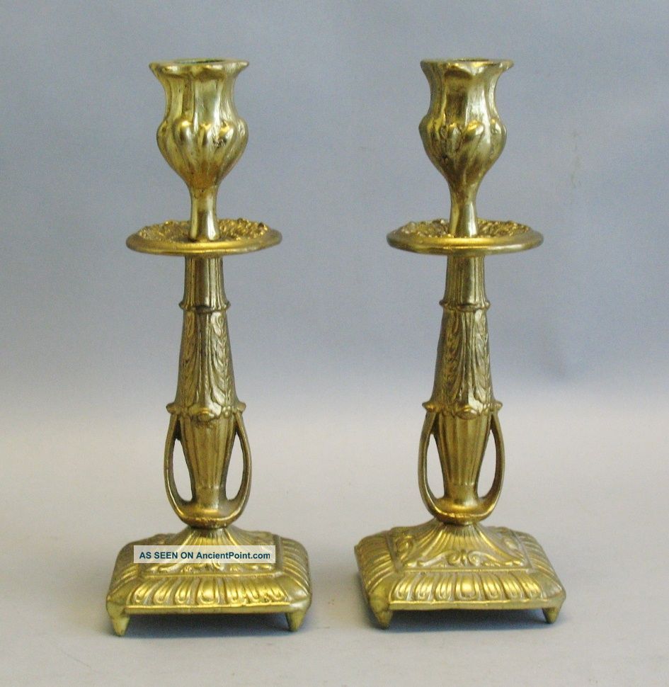 Early American Cast Brass Gold Plated Candle Holders C.  1860 Metalware photo