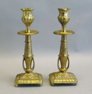 Early American Cast Brass Gold Plated Candle Holders C.  1860 photo