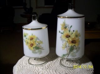 Apothecary Vanity Jars Footed White Frosted Glass With Yellow Daisy Flowers photo