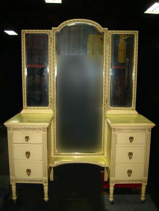 Vintage French Country Provincial Vanity W Tri Fold Mirror photo